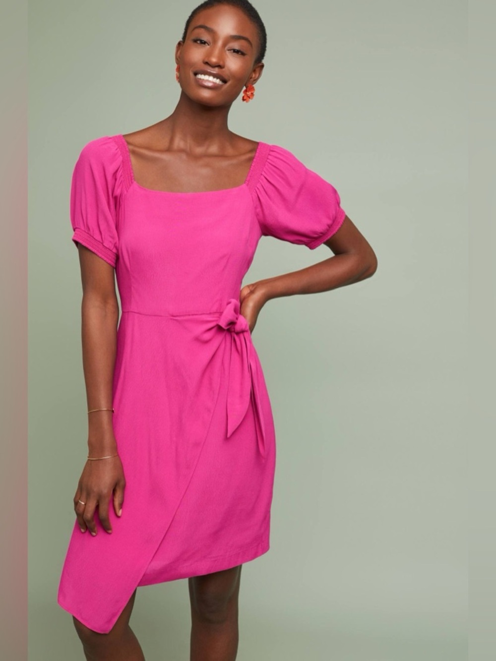 Maeve Anthropologie Wrap Dress Pink Puff Sleeve Resort Dress Size 14 NWT